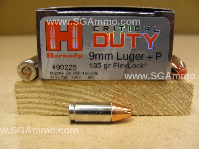 250 Round Case - 9mm Luger +P 135 Grain Hornady Critical Duty FlexLock Hollow Point Ammo - 90226 